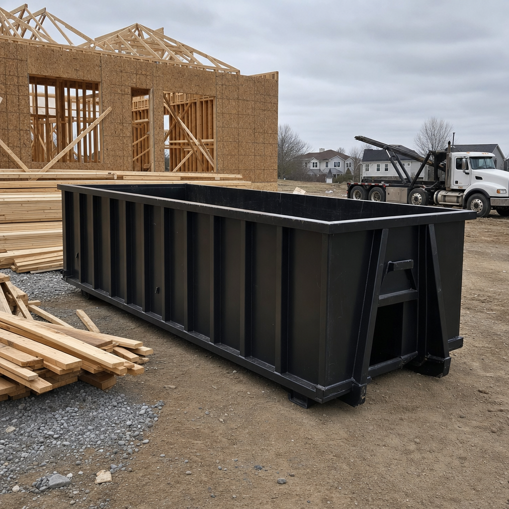 Matte-black 40-yard roll-off dumpster staged on a framed-out residential construction site in Avon Lake, framing lumber stacked nearby, hooklift delivery truck visible in the background under bright Colorado daylight
