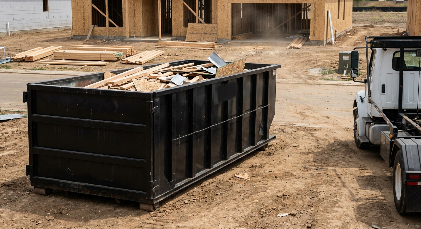 Matte-black 20-yard roll-off construction dumpster with heavy ribbed steel sidewalls and swing rear doors at a working jobsite in Avon Lake, sitting directly on compacted dirt with an unmarked white hauler partially visible at the far edge of the frame.