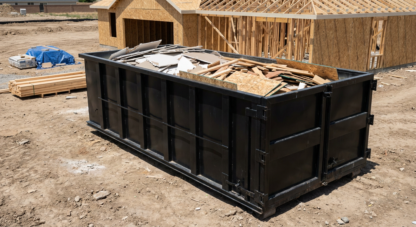 Matte-black 30-yard roll-off construction dumpster sitting directly on the compacted-dirt site of a framed single-family home build in Avon Lake, drywall and lumber scrap loaded inside.