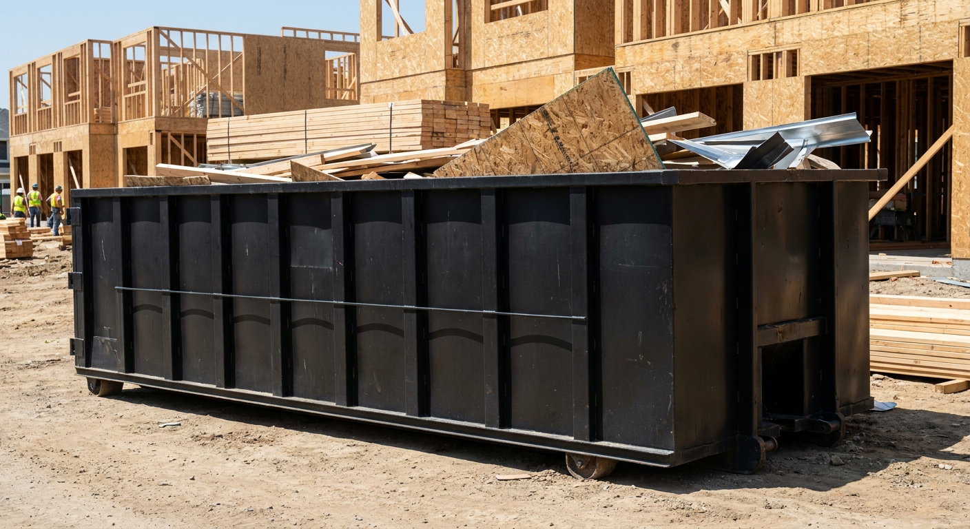 Matte-black 40-yard roll-off construction dumpster being lowered from a white-cab hooklift delivery truck onto the compacted-dirt jobsite at a commercial build site in Avon Lake