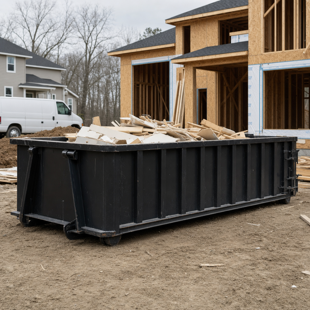 Worker in a yellow high-visibility vest tossing framing lumber and broken drywall into a matte-black 30-yard construction roll-off dumpster on an active build site in Avon Lake, bright daylight