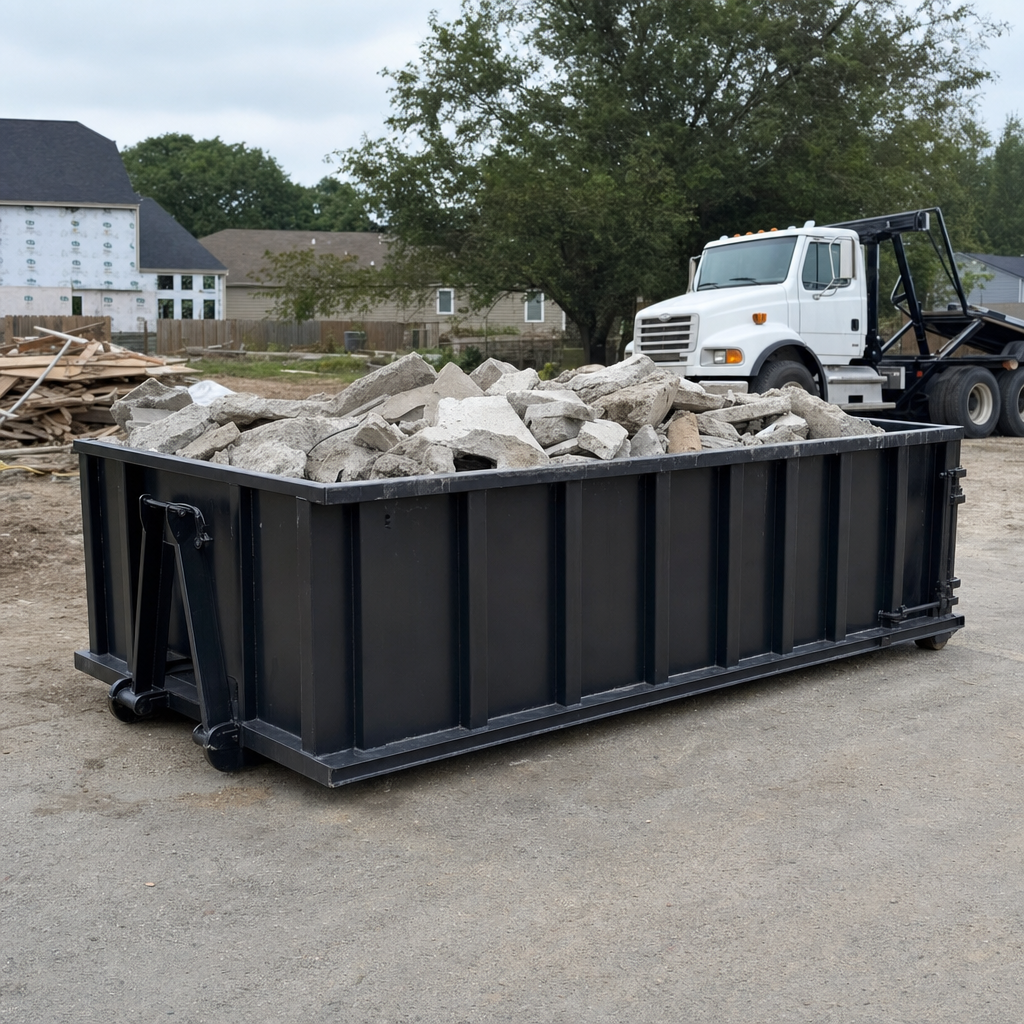 Low-profile matte-black lowboy roll-off dumpster loaded with broken concrete slab and rebar at a foundation tear-out in Avon Lake, skid steer parked beside it, sunny Colorado morning