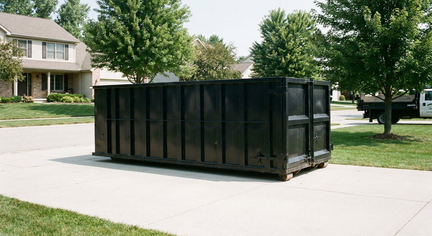 Matte-black 20-yard roll-off dumpster sitting level on a clean Avon Lake residential concrete driveway under bright daylight, demonstrating clean placement directly on the concrete.