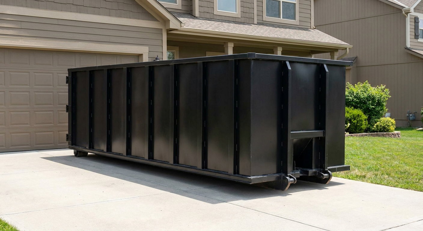 Matte-black residential roll-off dumpster sitting directly on a suburban Avon Lake concrete driveway, garage door closed, single-family home in background, bright morning daylight.