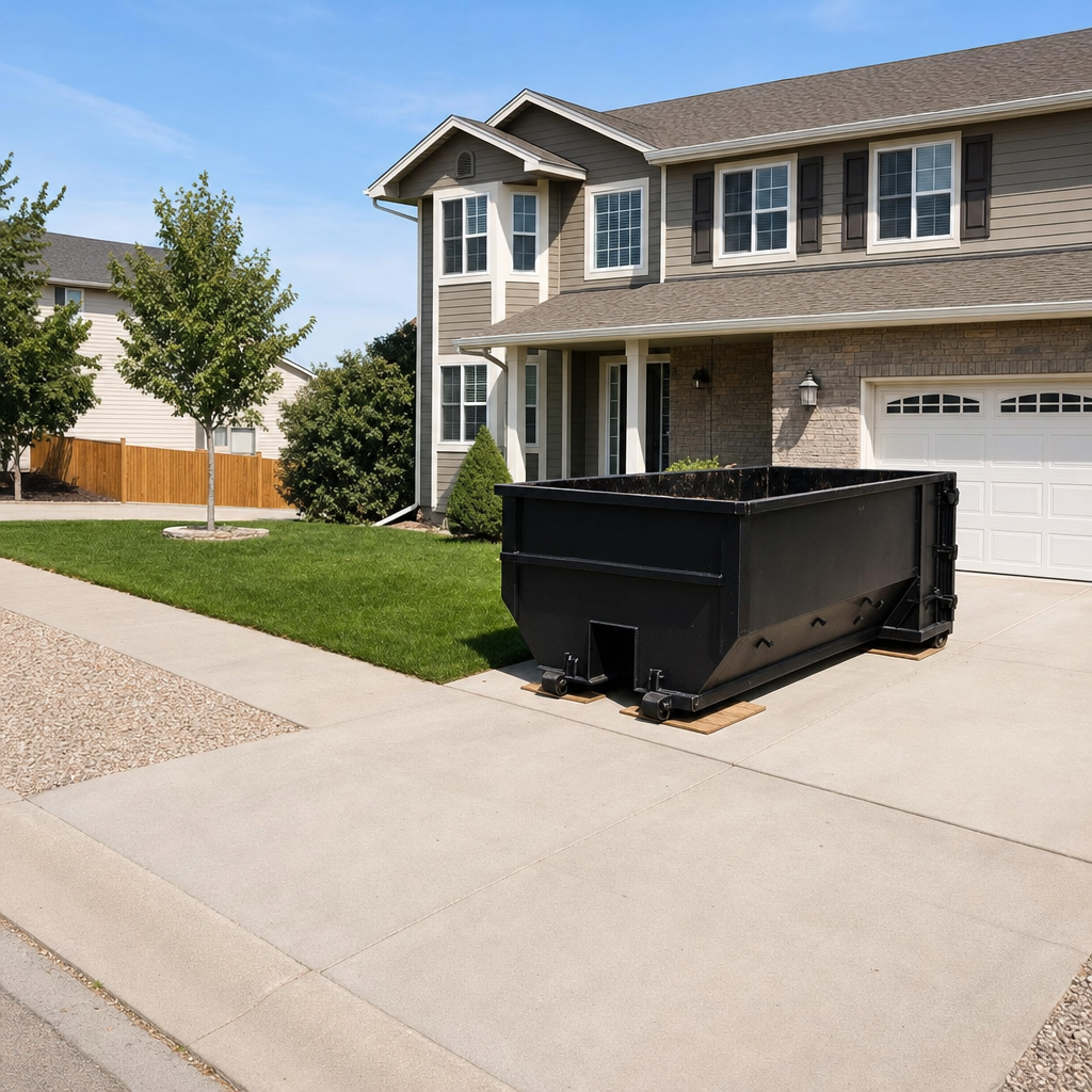 10-yard matte-black residential dumpster placed directly on a narrow Avon Lake concrete driveway, room remains for a parked sedan beside it, mid-morning natural light