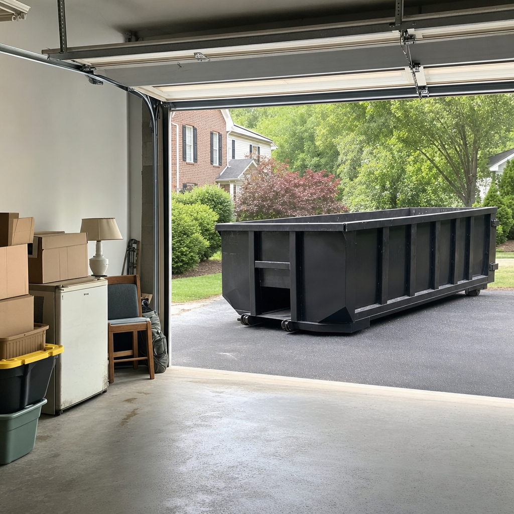Open garage interior in a Avon Lake home mid-cleanout — boxed items, an old appliance, and stacked yard tools queued near the driveway for a matte-black roll-off dumpster, organized and calm