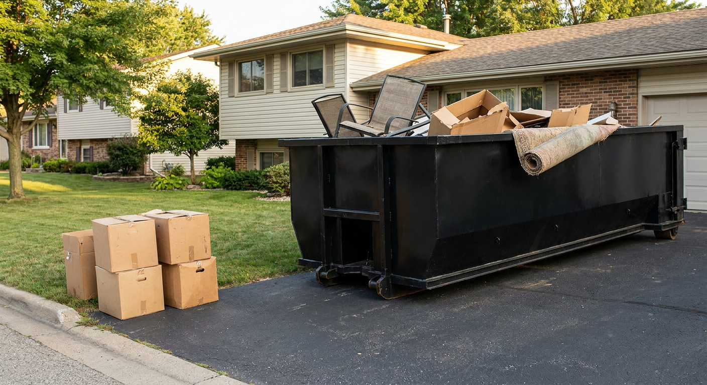 Front-yard view of a Avon Lake split-level home with a 20-yard matte-black roll-off dumpster sitting directly on the asphalt driveway, a few clearly labeled donation boxes staged at the curb, calm sunny afternoon.