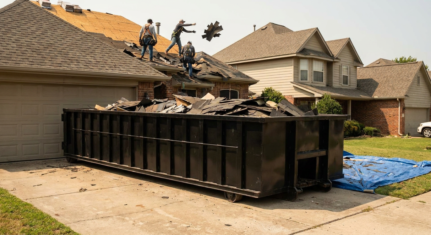 Matte-black roofing roll-off dumpster placed directly on a Avon Lake residential concrete driveway, a tear-off crew on a two-story asphalt-shingle roof tossing shingle bundles into the low-walled container, bright daylight, documentary 35mm perspective.