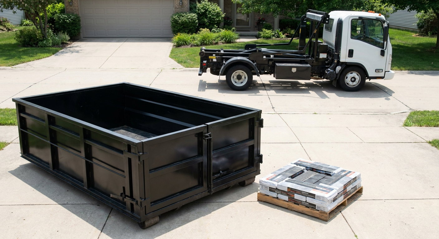 Matte-black 15-yard roofing roll-off dumpster with reinforced low side walls sitting directly on a Avon Lake residential concrete driveway, three-tab asphalt shingle bundles stacked nearby, an unmarked white hauler truck partially visible at the edge of the frame.