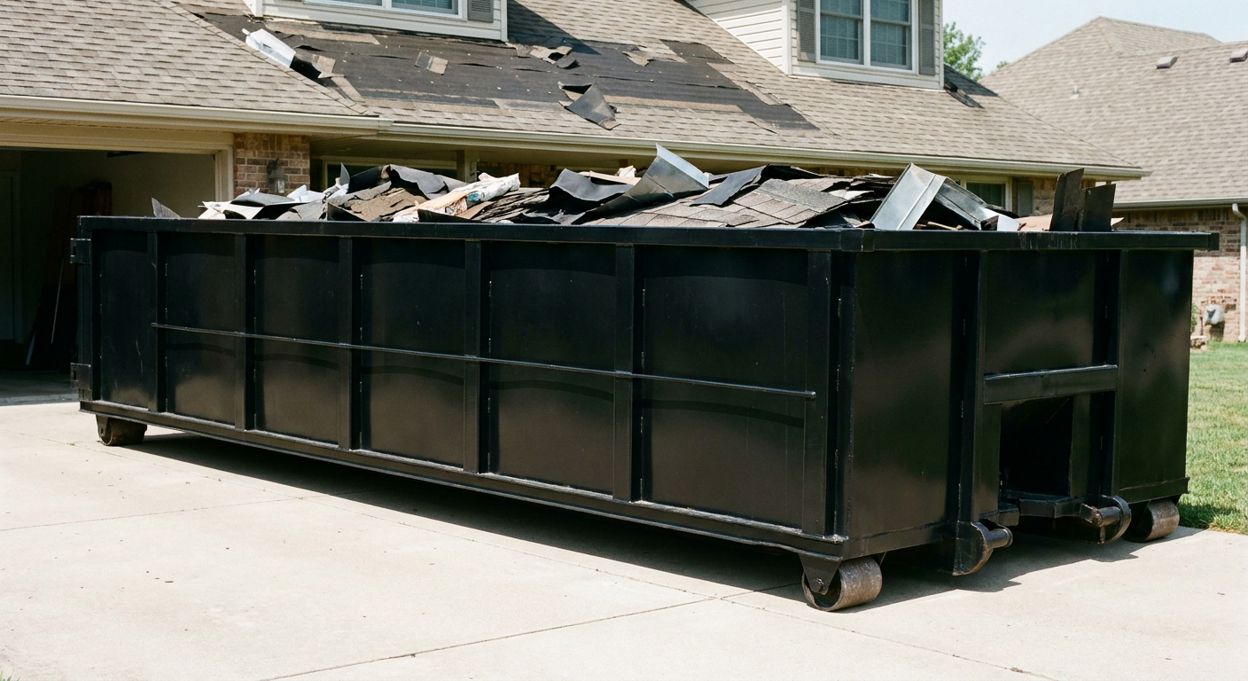 Matte-black 20-yard roofing roll-off dumpster with steel ribbed sides and swinging rear door, sitting directly on the concrete driveway of a two-story Avon Lake home, asphalt shingle debris being loaded over the low wall, clean documentary lighting.