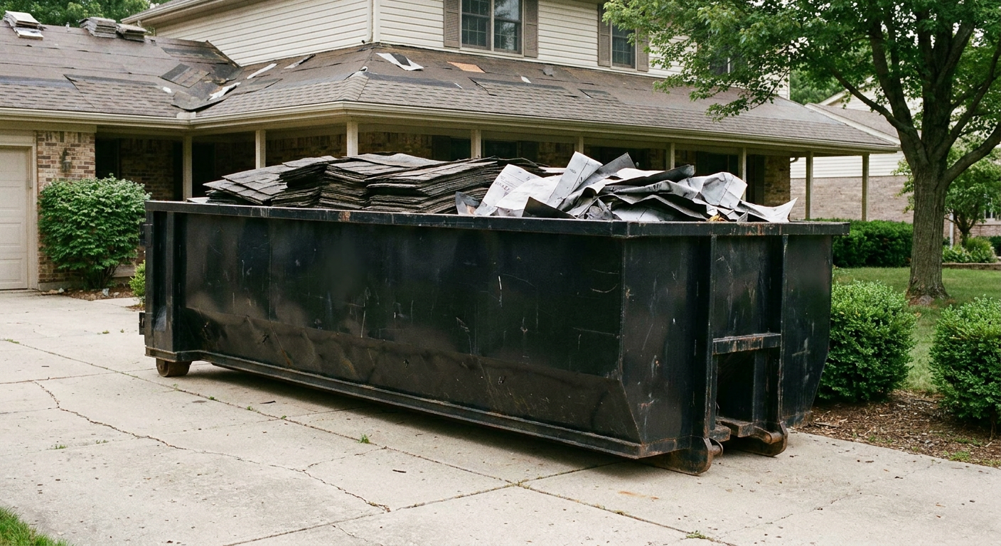 Matte-black 30-yard roofing roll-off dumpster sitting directly on a Avon Lake concrete driveway, taller ribbed steel side panels, mixed tear-off debris of asphalt shingles and underlayment inside, professional documentary daylight.
