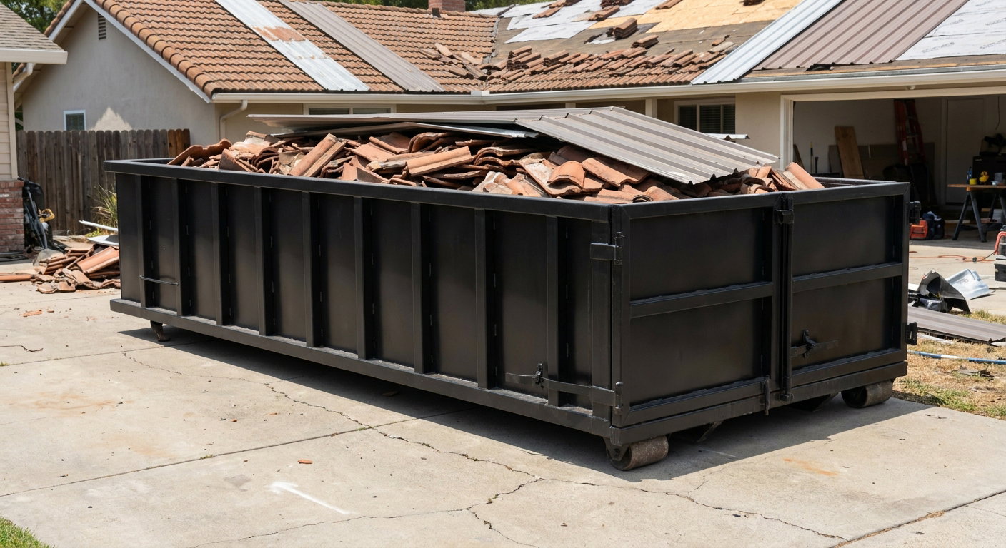 Matte-black low-wall heavy-debris roofing roll-off dumpster sitting directly on a Avon Lake concrete driveway, broken concrete clay roof tiles and metal panel sections loaded inside, reinforced ribbed steel side walls visible, bright outdoor daylight.