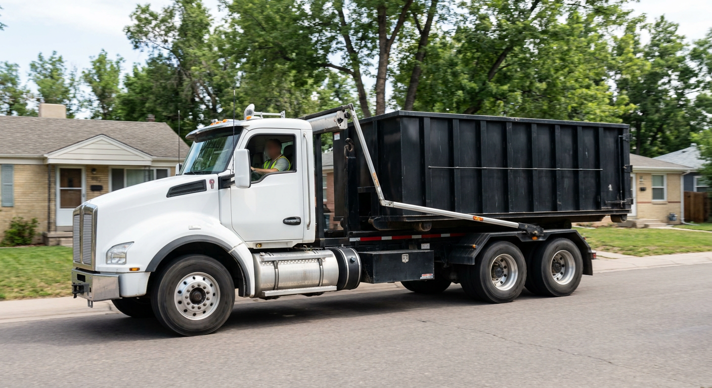 A wide documentary shot of a matte-black roll-off delivery truck pulling onto a quiet Avon Lake residential street at mid-morning, with neighborhood rooftops and tree-lined blocks visible behind, showing the metro coverage footprint.