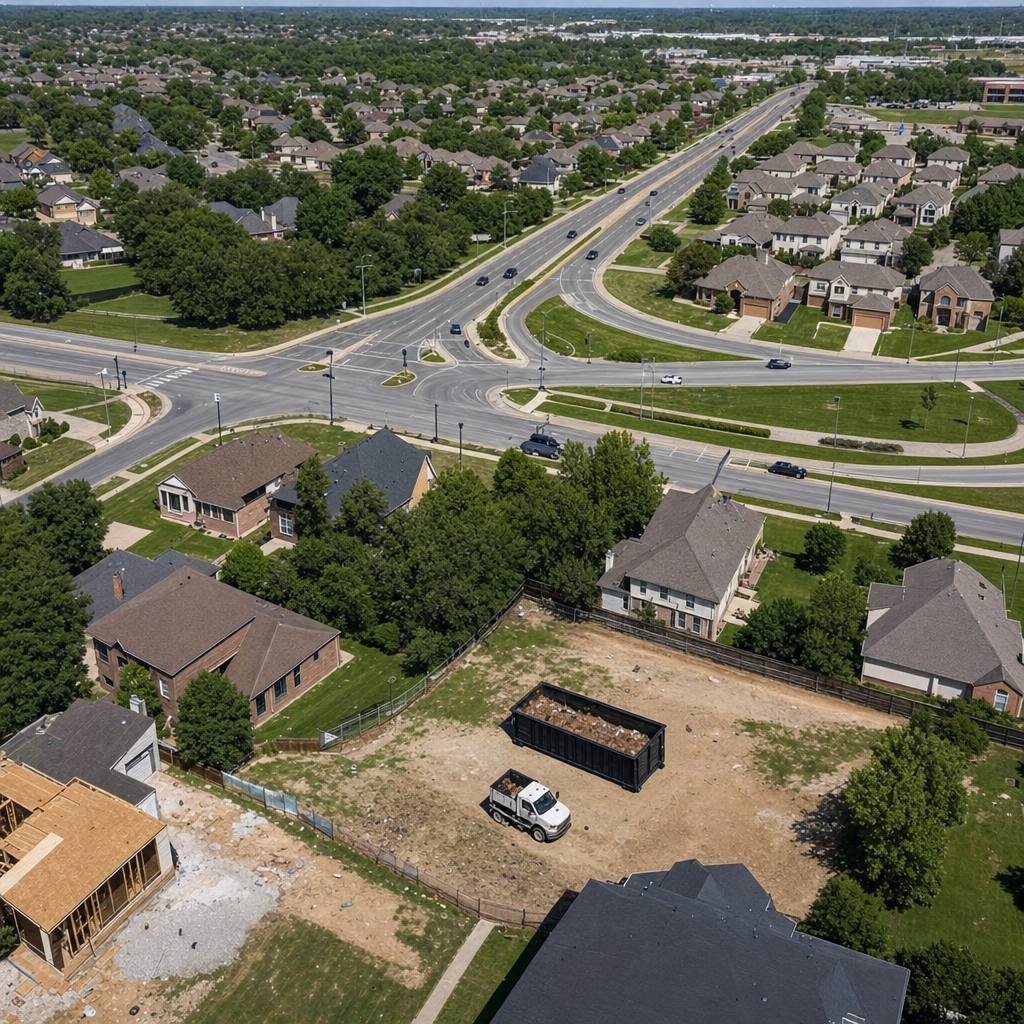 An overhead documentary view of the Avon Lake metro area at midday, showing the spread of neighborhoods, arterial roads, and the dispatch radius from a central yard — clean daylight, organized geographic layout.