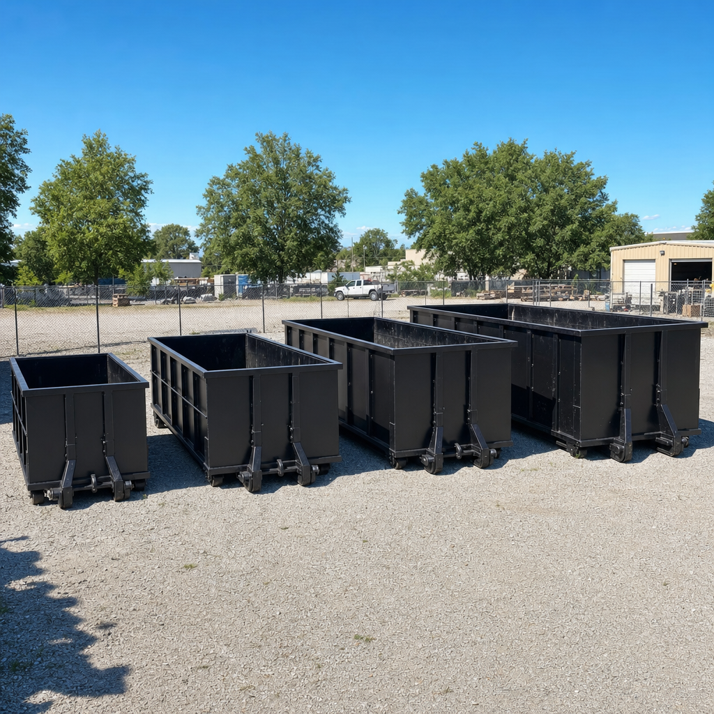 A clean lineup of matte-black roll-off dumpsters in 10, 20, 30, and 40-yard sizes staged on a sunlit gravel yard in Avon Lake, showing the size progression from compact to commercial-scale containers.