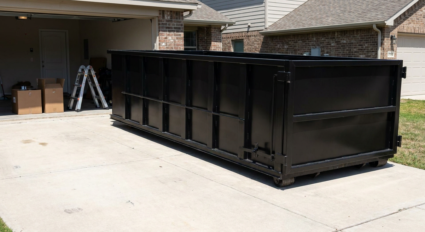 A matte-black 10-yard roll-off dumpster sitting directly on a residential Avon Lake concrete driveway, mid-day sunlight, clean and ready for a garage cleanout.