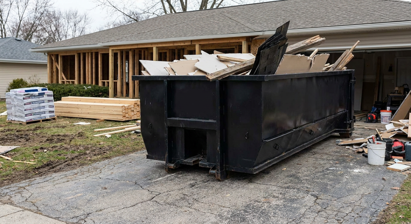 A matte-black 20-yard roll-off dumpster placed alongside a mid-renovation Avon Lake home directly on the asphalt driveway, with framing materials and torn-off shingles staged neatly nearby.