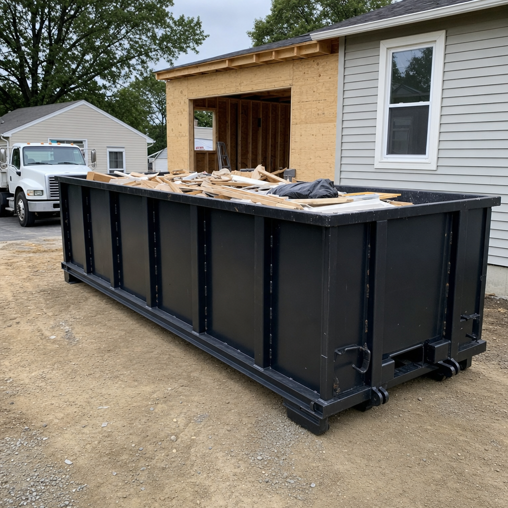 A matte-black 30-yard roll-off dumpster positioned at a Avon Lake residential addition jobsite, with framing lumber and drywall scraps loaded through the open swinging rear doors.