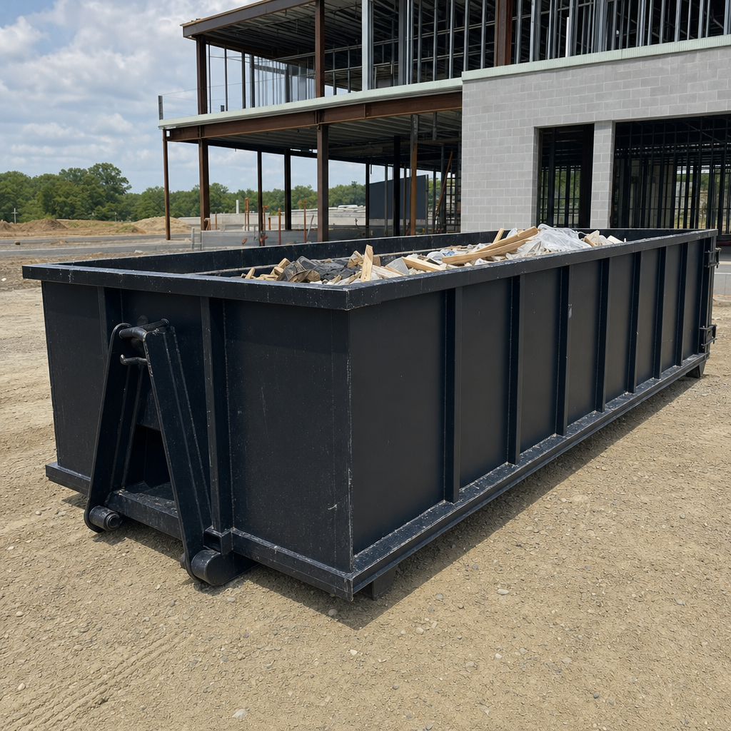 A matte-black 40-yard roll-off dumpster staged on a large Avon Lake commercial construction lot, with a hooklift delivery truck parked alongside under bright midday sky.