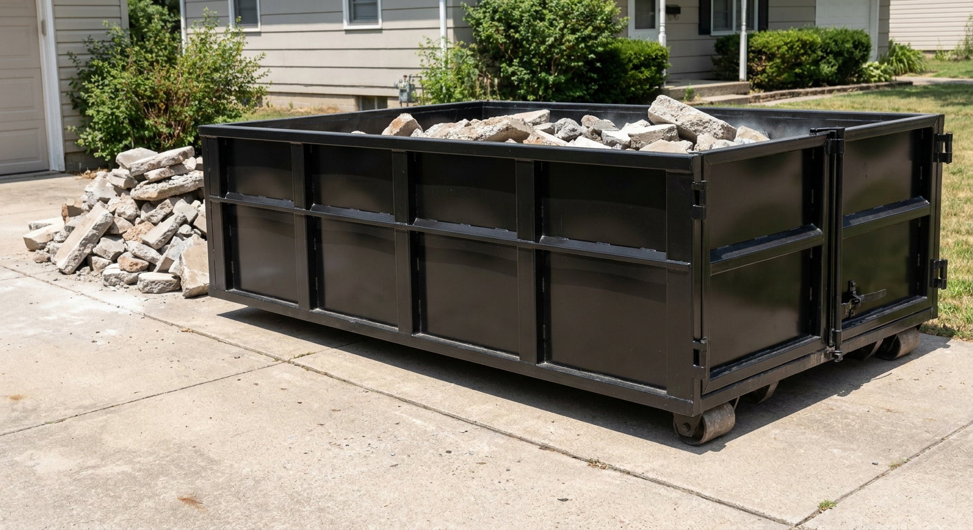 A matte-black low-side heavy-debris roll-off dumpster placed directly on a Avon Lake concrete driveway, with broken concrete chunks neatly stacked beside it under clean daylight.
